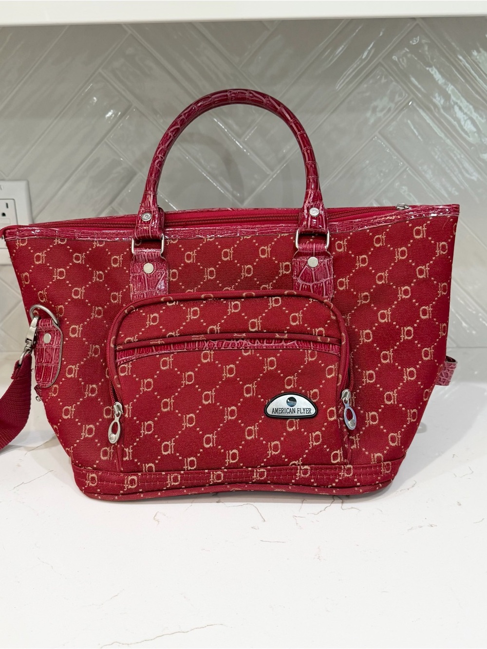 American Flyer Red Monogram Travel Tote Weekender Bag Y2K
